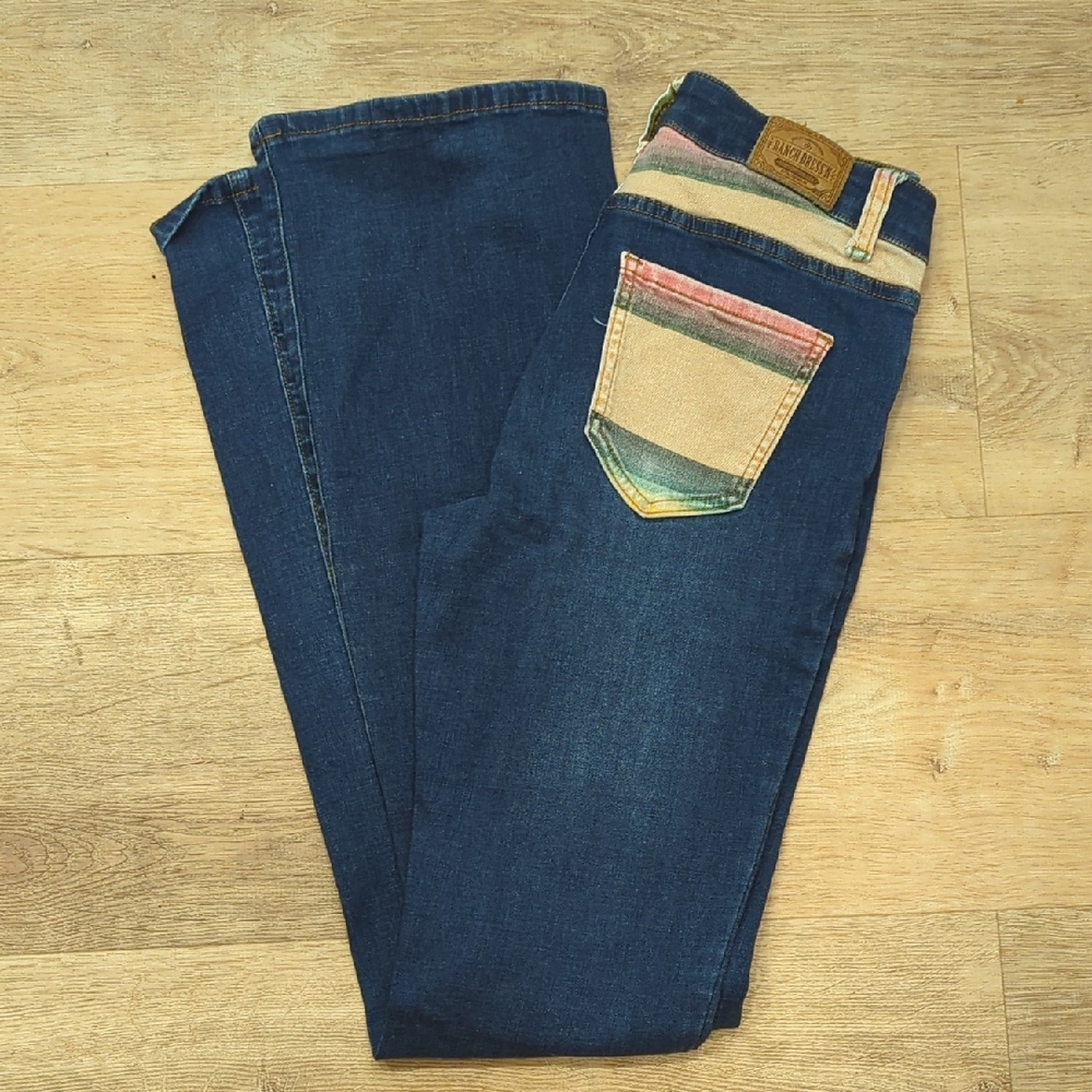 Women’s Dark Blue Boot Cut Jeans with Multicolor Pocket Detail